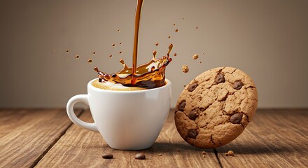 Delicious coffee splash with cookie on wooden table