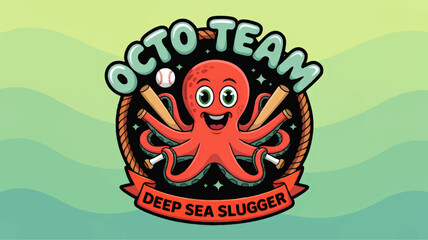 Fototapeta premium Fun Cartoon Octopus Baseball Team Logo, Deep Sea Mascot Illustration, Sports Club Badge, Vibrant Nautical Vector Art