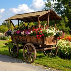 Wooden cart filled with flowers