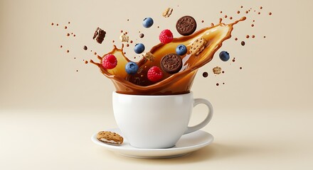 Splashing berries and cereal from a coffee cup isolated on white background