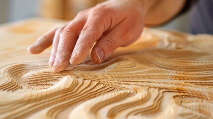 Skilled artisan's hand gently traces intricate contours of a finely carved wooden relief, showcasing meticulous craftsmanship and artistic precision.