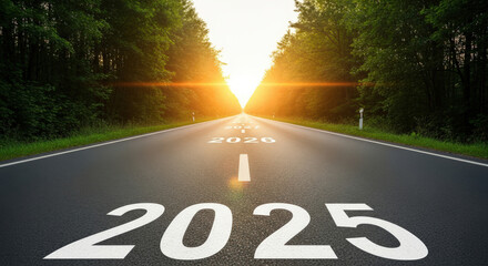 2025 2026 2027 Road Ahead Perspective with Sunlight Symbolizing Forward Progression Future