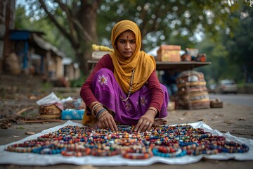 Woman selling colorful handmade jewelry at street market