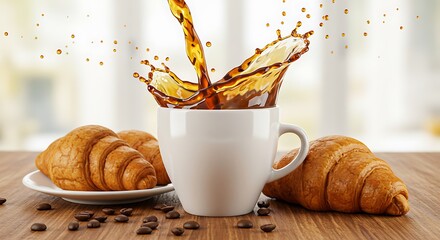 Freshly poured coffee with croissants on wooden table