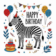 Happy Birthday Celebration Featuring Zebra Theme, Balloons, Cakes, and Festive Decorations
