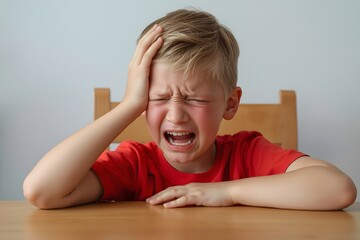 Upset Little Boy Crying and Holding Head in Pain