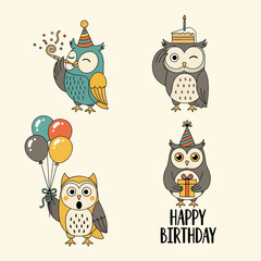 Happy birthday concept animal vector set. Owl. Birthday party funny animal character illustration for greeting card, invitation, kid, education, prints.