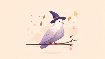 Whimsical bird wearing a witch hat perched on a branch with autumn leaves floating around