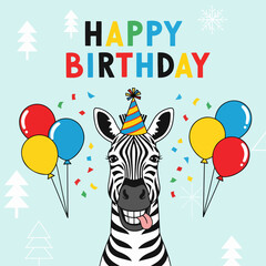 Colorful vector illustration of a happy birthday greeting card featuring a fun party design with balloons, confetti, and festive decorations for a kids celebration