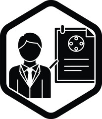 Business man in suit presenting a document with a circular diagram and text in a hexagonal frame