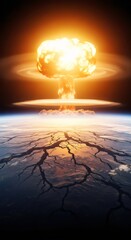 A nuclear explosion over a cracked and destroyed Earth. Apocalyptic view from space of a mushroom cloud. Doomsday and global catastrophe concept.