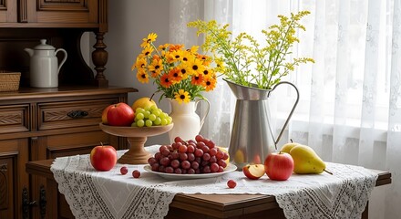 Fresh flowers and fruits on a vintage table setting with pitcher