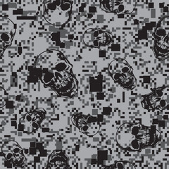 Seamless vector skull pattern. Repeating print with black skulls with a pixel style design on a gray background. Apparel graphic artwork.