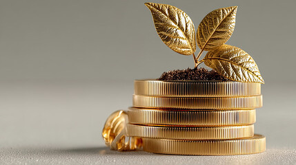 Financial growth concept: stacked coins with golden plant on neutral background. Generated with AI