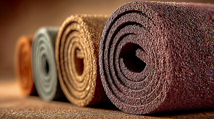 Yoga mats in row with different colors on soft beige background, warm light. Generated with AI
