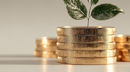 Stacks of golden coins with green leaf plant, symbolizing savings and sustainable growth. Generated with AI