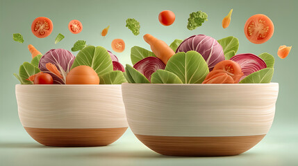 Two salad bowls with fresh vegetables floating in the air, clean and realistic style. Generated with AI