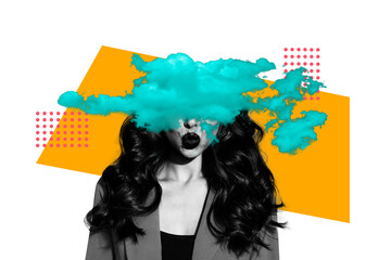 Composite trend artwork sketch image photo collage of young woman half face cover head clouds sky heaven emoji grimace kiss nice hairdo