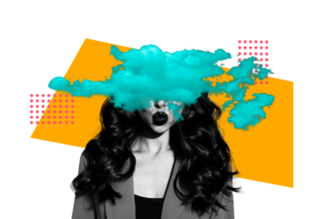 Composite trend artwork sketch image photo collage of young woman half face cover head clouds sky heaven emoji grimace kiss nice hairdo