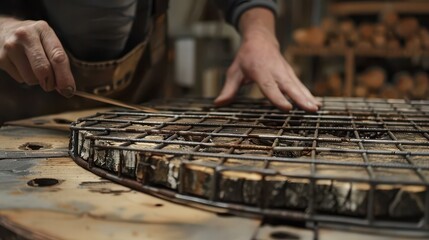 Skilled artisan carefully crafting intricate wooden mosaic with metal framing in a rustic workshop setting, showcasing dedication to traditional craftsmanship.