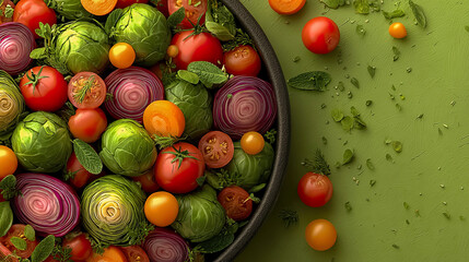 Top view of crisp salad with tomatoes and cabbages on green background with scattered leaves. Generated with AI