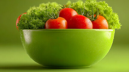 Green bowl with red tomatoes and fresh lettuce, water drops on same-tone background. Generated with AI