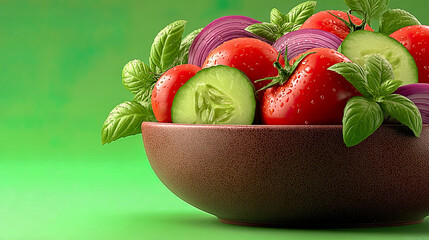 Salad with tomatoes, cucumber and basil in brown bowl on vibrant green background. Generated with AI