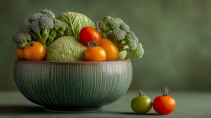 Rustic bowl with fresh vegetables and tomatoes, two pieces outside decorate the scene. Generated with AI