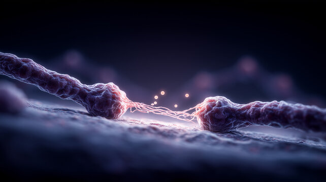 Synaptic connection with neurotransmitters crossing the gap illustrating neural communication decision transfer and the concept of information exchange between brain cells.
