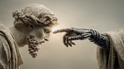 Classical sculpture touched by robotic hand, encounter between ancient art and modern technology. Generated with AI