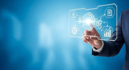 Businessman interacting with digital interface and futuristic icons