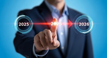 Businessman pressing future year 2026 on virtual interface