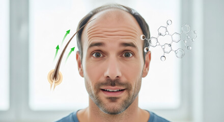 Man with a receding hairline showing a hair loss treatment concept. Scientific illustration of a hair follicle and molecule for hair growth. Alopecia and baldness solution
