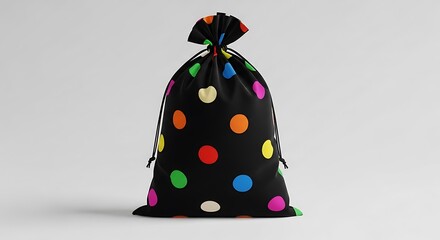 Black drawstring bag with colorful polka dots isolated on white background