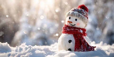The Snowman Wearing a Red Scarf and Knit Hat in Sparkling Winter Snow