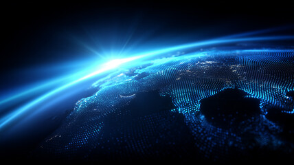 Digital earth with luminous grid showcasing global technology connectivity and data driven insight for fintech logistics sustainability and international business strategy. 