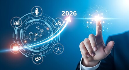 Futuristic business concept with 2026 digital interface and hand interaction
