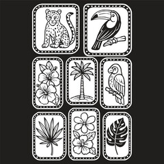 Tropical summer elements in frames vector. Leopard, palm tree, toucan, 
flowers, hibiscus, parrot, leaves, plumeria
