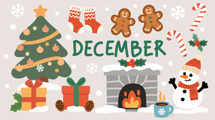 Cozy December illustration set in flat hand-drawn style with winter and holiday theme