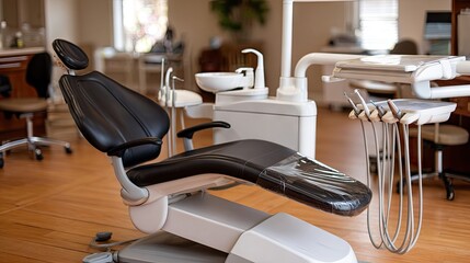 Modern dental chair in a bright clinic setup with a clean environment and equipment ready for patient services in a dental office