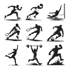 Collection of Eight Active Athlete Figures: Running, Cycling, Swimming, and Strength Training