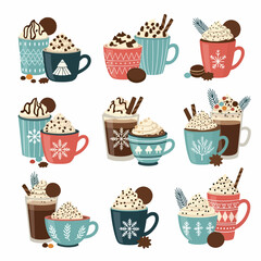 Seamless vector pattern set featuring cute cartoon coffee and tea cups with sweet chocolate cupcakes, cream muffins, and bakery desserts for a cafe party design