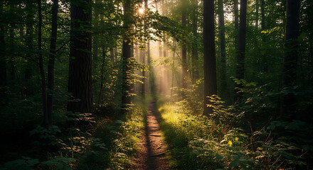 Obraz premium Sunlight streaming through trees illuminating a forest path in a serene woodland setting ai generated