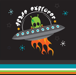 Cute striped space ship vector illustration with alien, space ship, stars and text on a black background. Apparel graphic artwork.