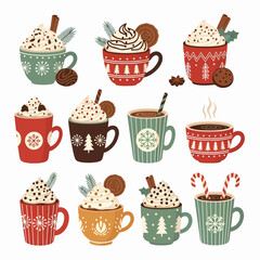 Seamless vector pattern set featuring cute cartoon tea and coffee cups with sweet birthday cupcakes, chocolate muffins, and cherry desserts for a bakery party design