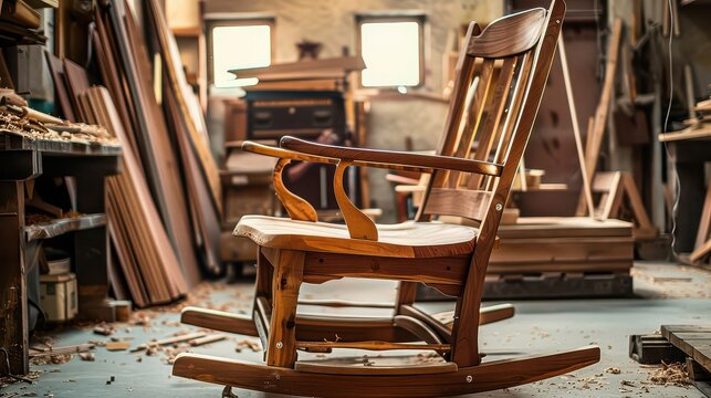 Handcrafted rocking chair gleams in a rustic woodworking shop filled with lumber and tools, evoking warmth and artisanal skill