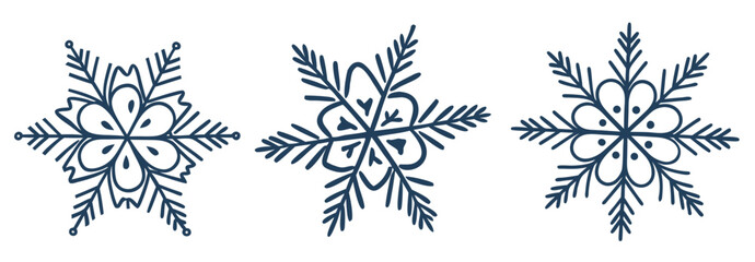 Three matching hand-drawn dark blue snowflakes ( set,bundle ) with stylized central floral elements. Isolated transparent background ( include cut-out PNG file ).