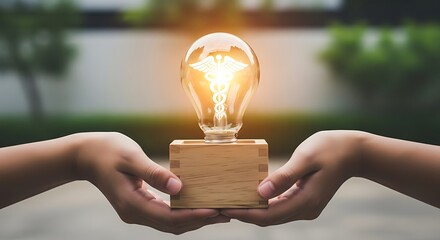 Hands holding a wooden block with a glowing light bulb