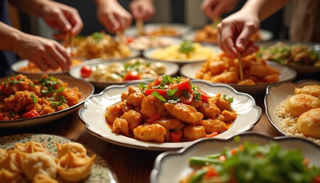 Diverse international buffet with varied dishes. People reaching for tasty food at gathering. Colorful plates with appetizers and snacks. Food sharing during celebration. Family enjoys tasty meal.