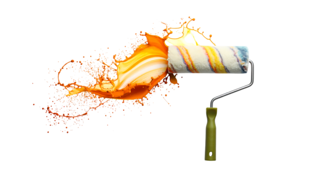 Paint roller with orange paint splash isolated on transparent background - Powered by Adobe